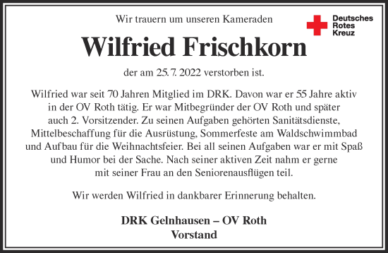 Traueranzeige von Wilfried Frischkorn von Gelnhäuser Neue Zeitung
