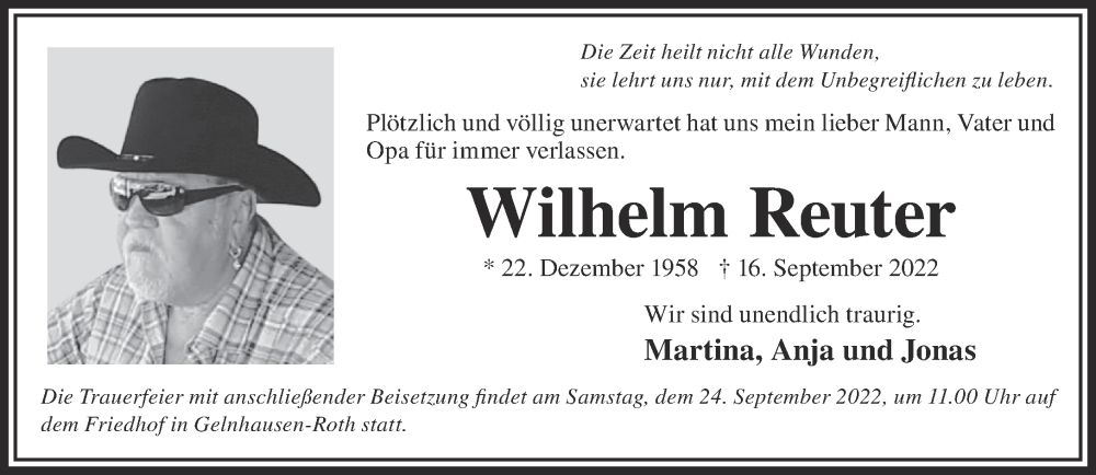  Traueranzeige für Wilhelm Reuter vom 24.09.2022 aus Mittelhessen-Bote
