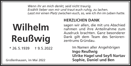 Traueranzeige von Wilhelm Reußwig von Gelnhäuser Neue Zeitung