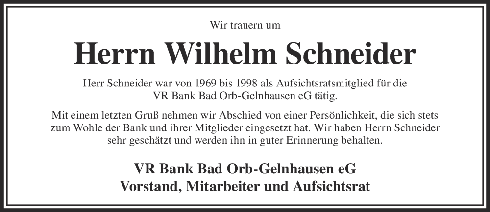  Traueranzeige für Wilhelm Schneider vom 21.05.2022 aus Mittelhessen-Bote