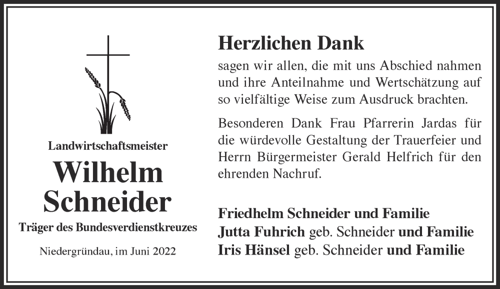  Traueranzeige für Wilhelm Schneider vom 18.06.2022 aus Gelnhäuser Neue Zeitung