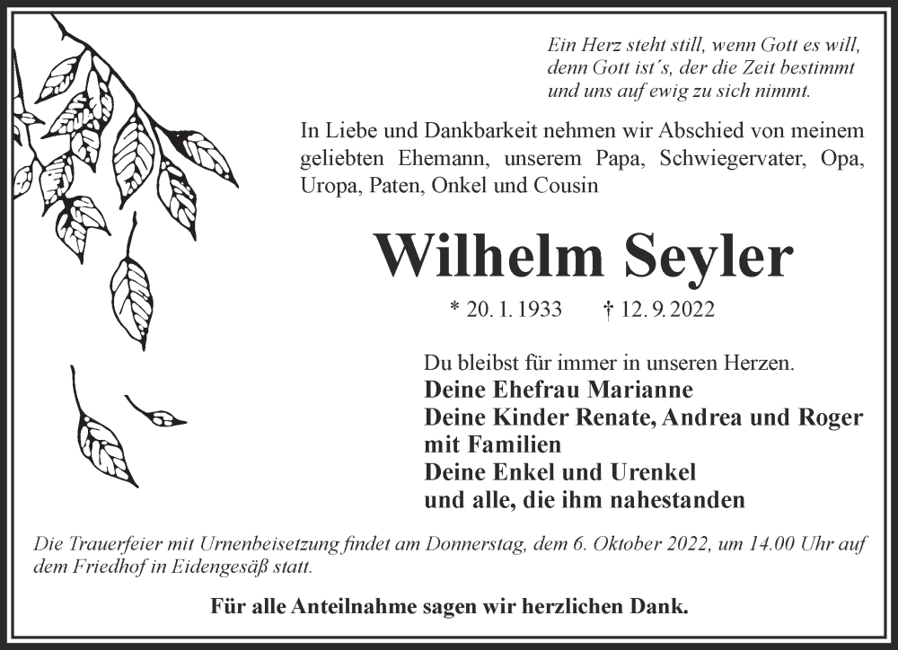  Traueranzeige für Wilhelm Seyler vom 01.10.2022 aus Gelnhäuser Neue Zeitung