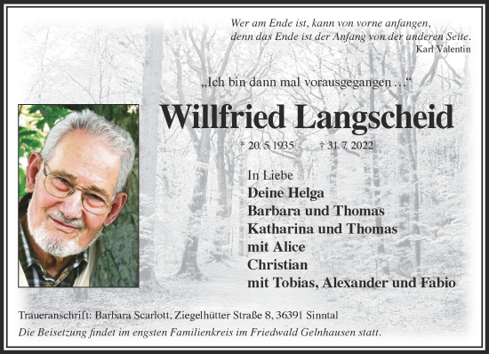 Traueranzeige von Willfried Langscheid von Gelnhäuser Neue Zeitung