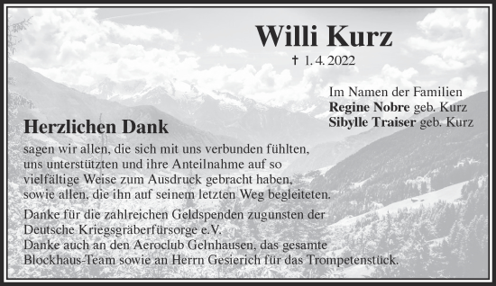 Traueranzeige von Willi Kurz von Gelnhäuser Neue Zeitung