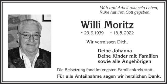Traueranzeige von Willi Moritz von Gelnhäuser Neue Zeitung