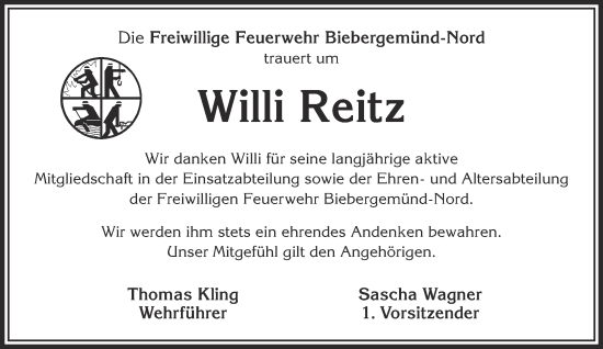 Traueranzeige von Willi Reitz von Gelnhäuser Neue Zeitung