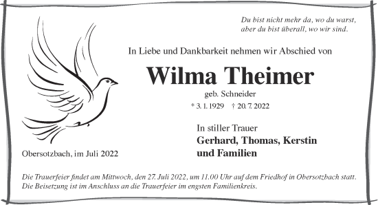 Traueranzeige von Wilma Theimer von Gelnhäuser Neue Zeitung