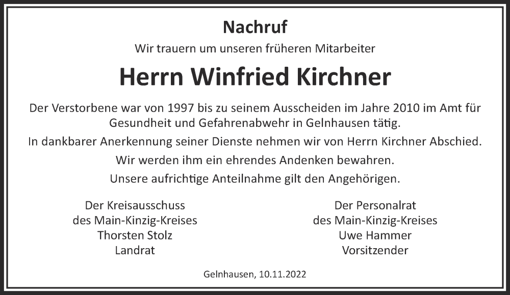  Traueranzeige für Winfried Kirchner vom 12.11.2022 aus Gelnhäuser Neue Zeitung