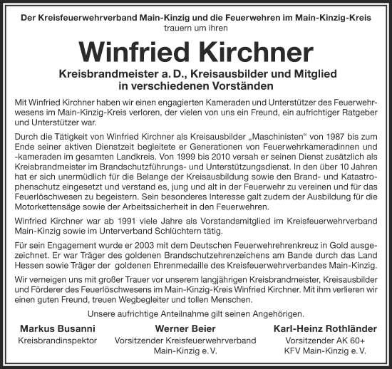 Traueranzeige von Winfried Kirchner von Gelnhäuser Neue Zeitung