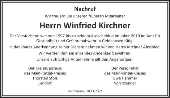 Traueranzeige von Winfried Kirchner von Mittelhessen-Bote
