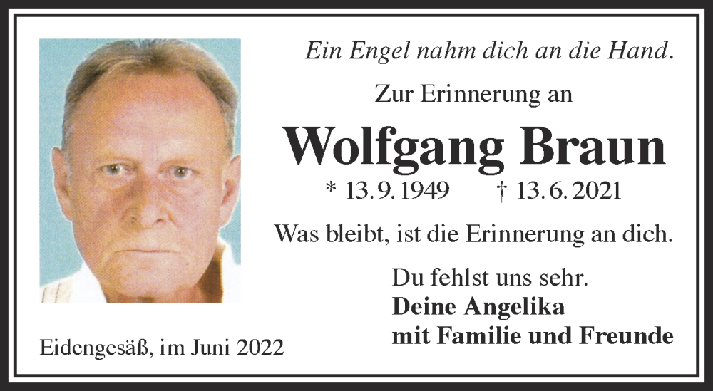  Traueranzeige für Wolfgang Braun vom 18.06.2022 aus Mittelhessen-Bote