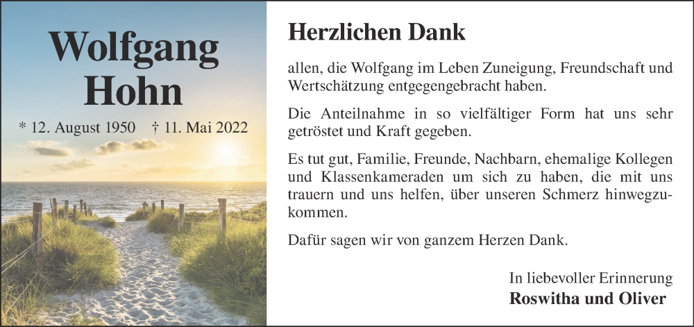  Traueranzeige für Wolfgang Hohn vom 25.06.2022 aus Gelnhäuser Neue Zeitung