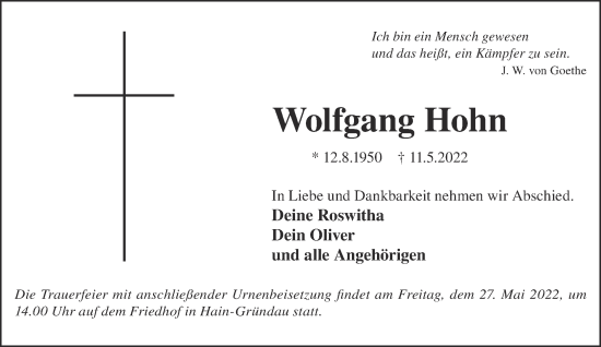 Traueranzeige von Wolfgang Hohn von Gelnhäuser Neue Zeitung