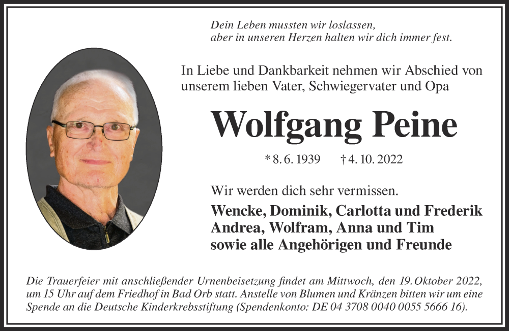  Traueranzeige für Wolfgang Peine vom 15.10.2022 aus Gelnhäuser Neue Zeitung