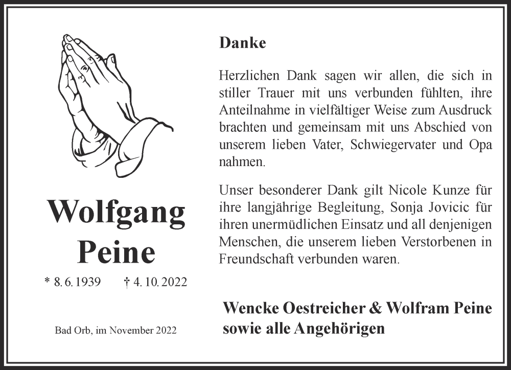  Traueranzeige für Wolfgang Peine vom 12.11.2022 aus Gelnhäuser Neue Zeitung