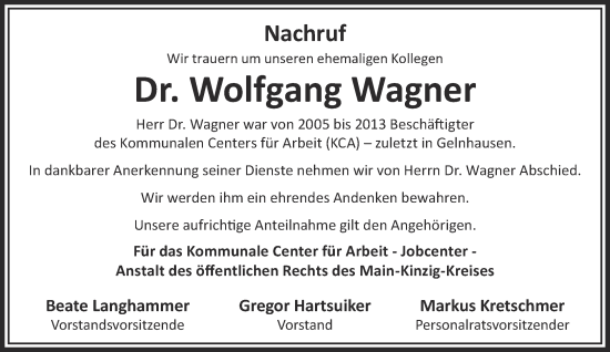 Traueranzeige von Wolfgang Wagner von Gelnhäuser Neue Zeitung