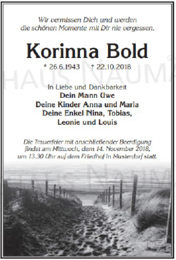  Traueranzeige für Korinna Bold vom 01.08.2018 aus GELNHÄUSER NEUE ZEITUNG