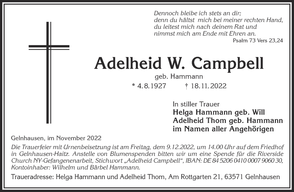 Traueranzeige für Adelheid W. Campbell vom 03.12.2022 aus Gelnhäuser Neue Zeitung