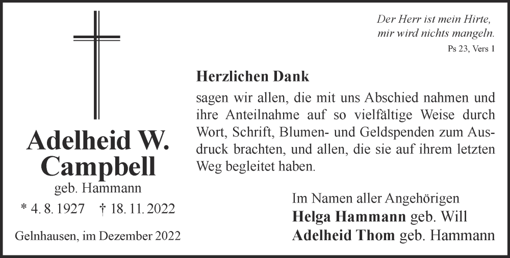  Traueranzeige für Adelheid W. Campbell vom 24.12.2022 aus Gelnhäuser Neue Zeitung