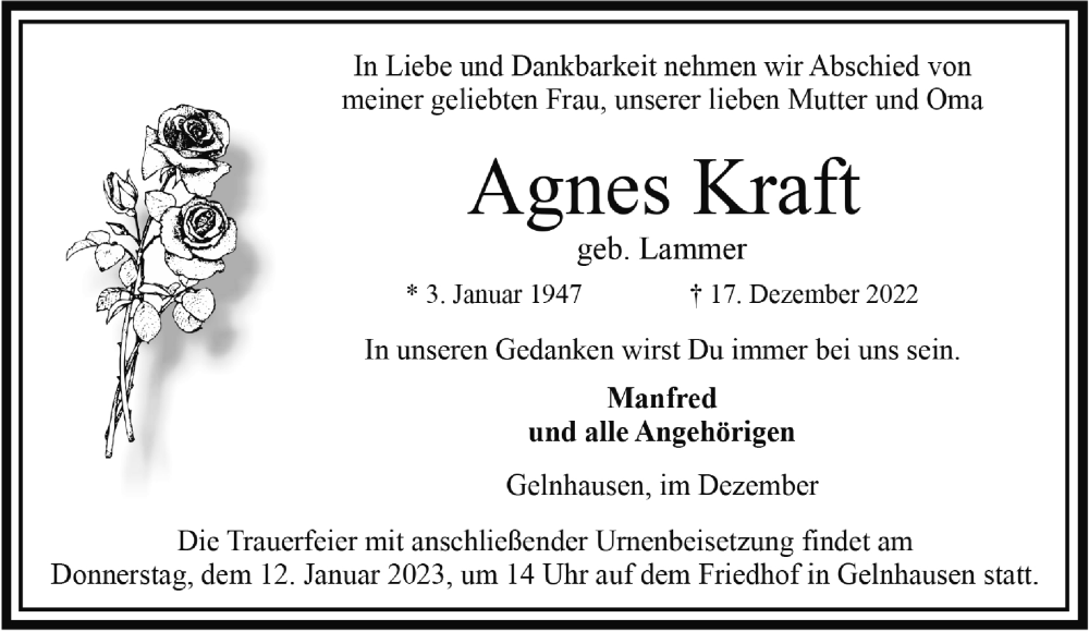  Traueranzeige für Agnes Kraft vom 24.12.2022 aus Mittelhessen-Bote