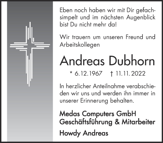 Traueranzeige von Andreas Dubhorn von Gelnhäuser Neue Zeitung