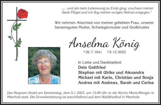 Traueranzeige von Anselma König von Gelnhäuser Neue Zeitung