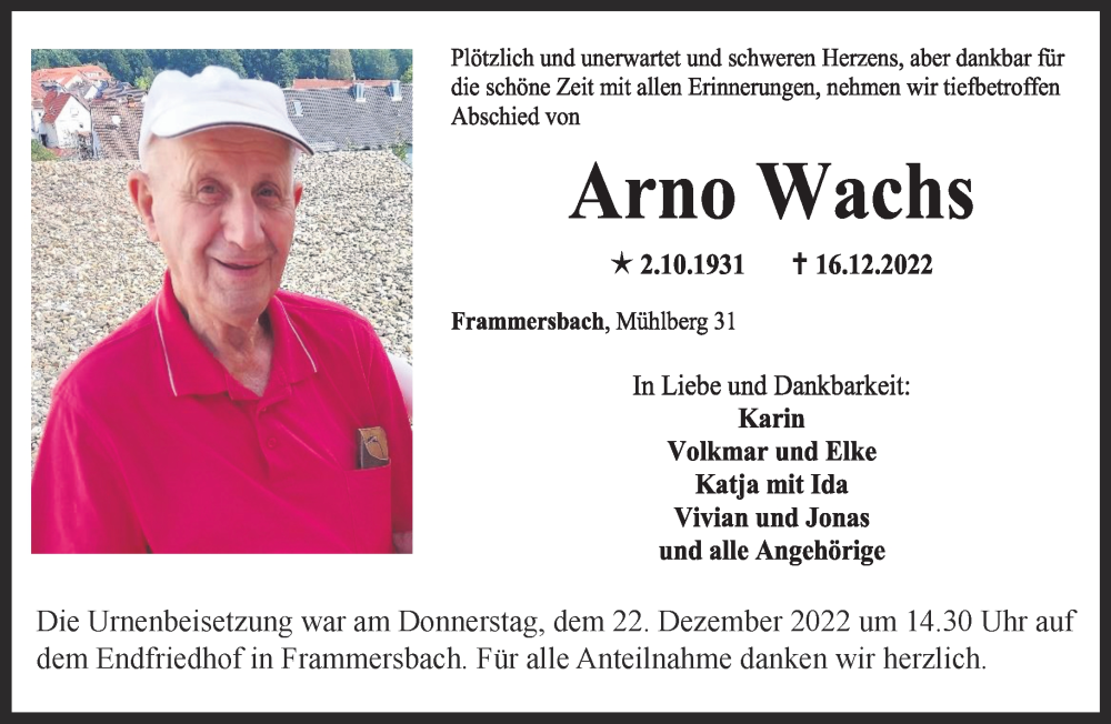  Traueranzeige für Arno Wachs vom 24.12.2022 aus Mittelhessen-Bote