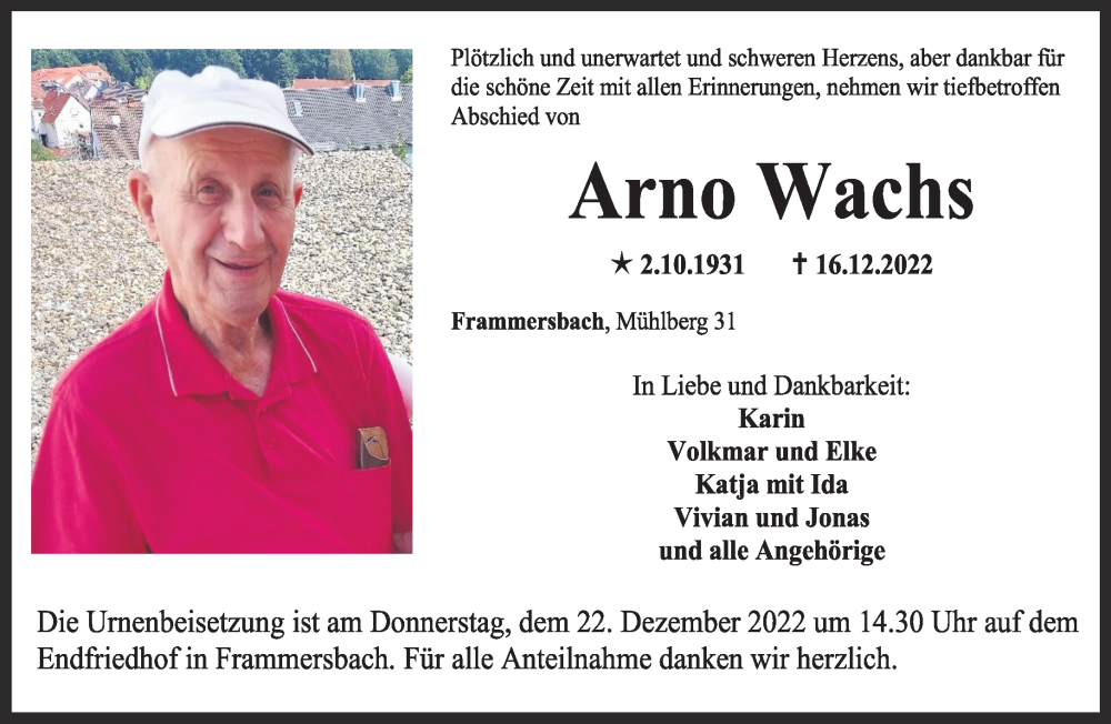  Traueranzeige für Arno Wachs vom 20.12.2022 aus Gelnhäuser Neue Zeitung