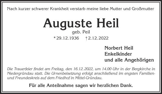 Traueranzeige von Auguste Heil von Gelnhäuser Neue Zeitung