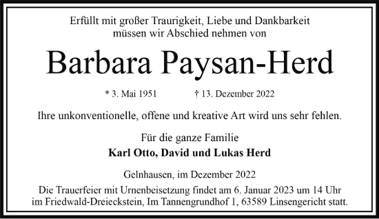 Traueranzeige von Barbara Paysan-Herd von Mittelhessen-Bote