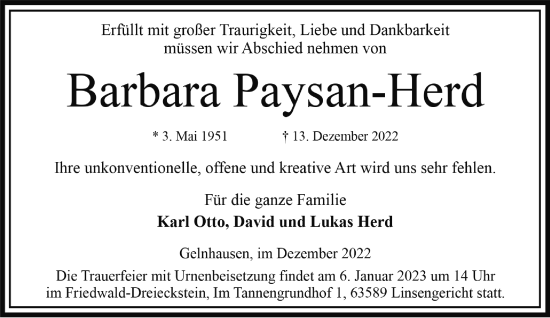 Traueranzeige von Barbara Paysan-Herd von Gelnhäuser Neue Zeitung
