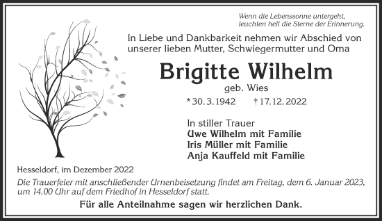 Traueranzeige von Brigitte Wilhelm von Mittelhessen-Bote
