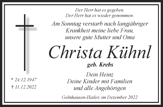Traueranzeige von Christa Kühnl von Gelnhäuser Neue Zeitung