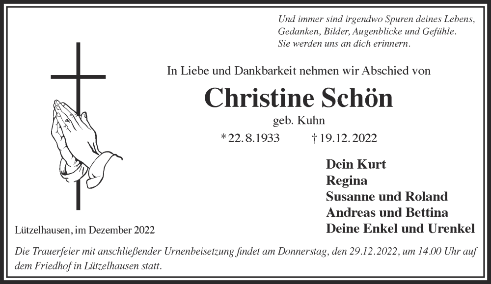  Traueranzeige für Christine Schön vom 24.12.2022 aus Gelnhäuser Neue Zeitung