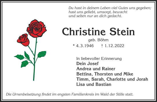 Traueranzeige von Christine Stein von Mittelhessen-Bote