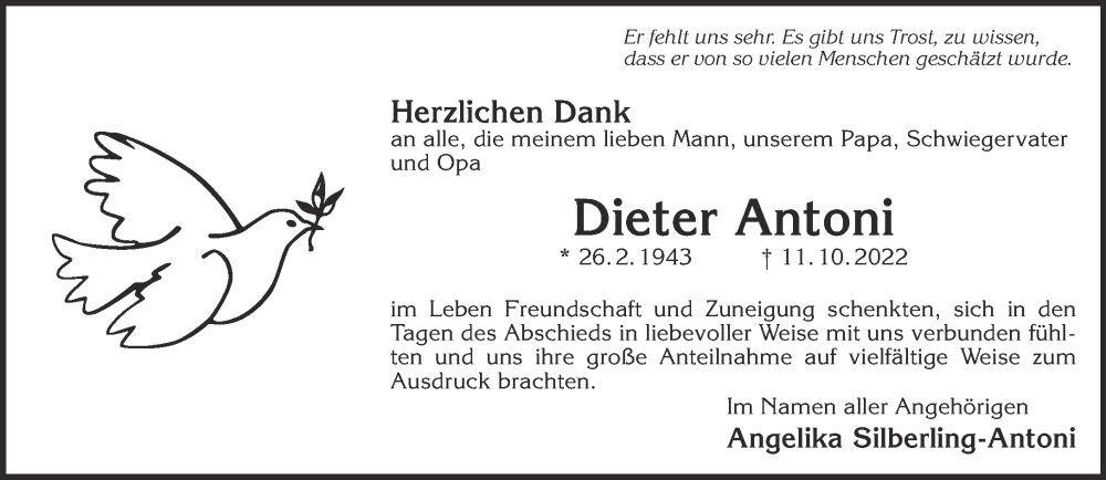  Traueranzeige für Dieter Antoni vom 10.12.2022 aus Gelnhäuser Neue Zeitung