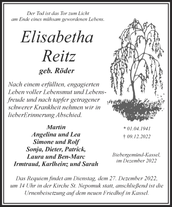 Traueranzeige von Elisabetha Reitz von Gelnhäuser Neue Zeitung