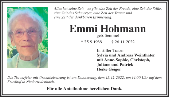 Traueranzeige von Emmi Hohmann von Gelnhäuser Neue Zeitung