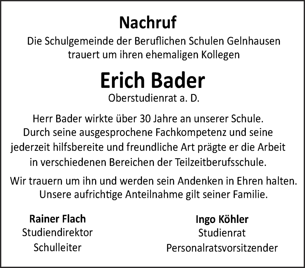  Traueranzeige für Erich Bader vom 20.12.2022 aus Gelnhäuser Neue Zeitung