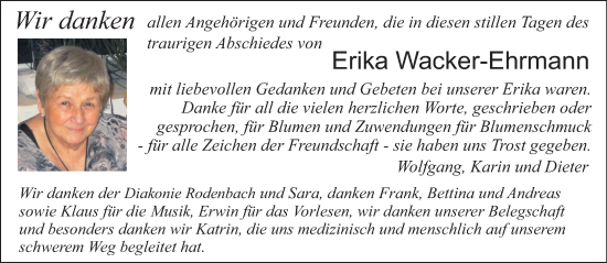 Traueranzeige von Erika Wacker-Ehrmann von Mittelhessen-Bote