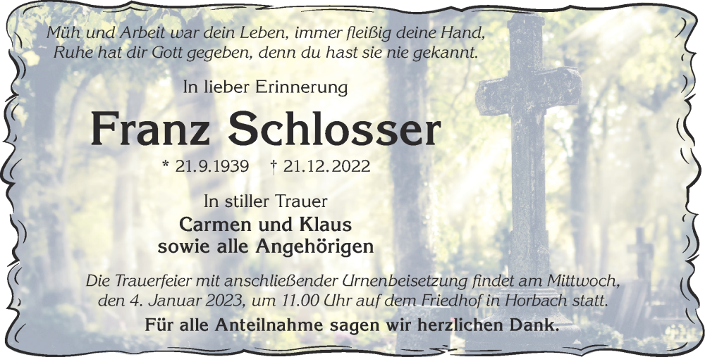  Traueranzeige für Franz Schlosser vom 31.12.2022 aus Gelnhäuser Neue Zeitung