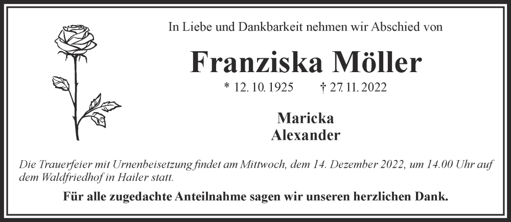  Traueranzeige für Franziska Möller vom 10.12.2022 aus Gelnhäuser Neue Zeitung