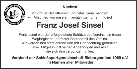 Traueranzeige von Franz Josef Sinsel von Gelnhäuser Neue Zeitung