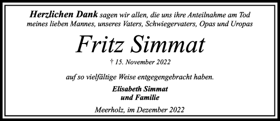 Traueranzeige von Fritz Simmat von Gelnhäuser Neue Zeitung