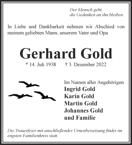 Traueranzeige von Gerhard Gold von Gelnhäuser Neue Zeitung