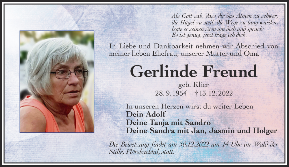  Traueranzeige für Gerlinde Freund vom 17.12.2022 aus Gelnhäuser Neue Zeitung