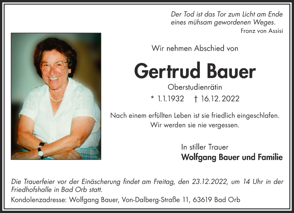  Traueranzeige für Gertrud Bauer vom 24.12.2022 aus Mittelhessen-Bote