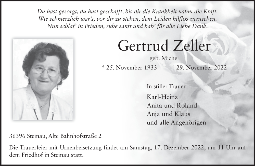  Traueranzeige für Gertrud Zeller vom 10.12.2022 aus Mittelhessen-Bote