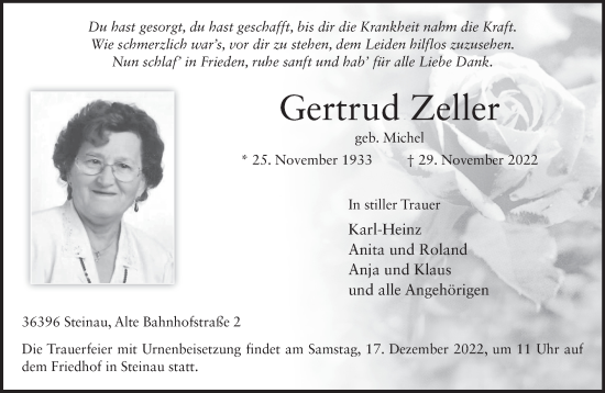 Traueranzeige von Gertrud Zeller von Mittelhessen-Bote