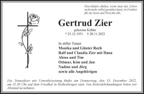 Traueranzeige von Gertrud Zier von Gelnhäuser Neue Zeitung